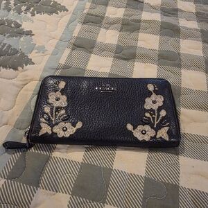 Coach Black Pebbled Leather Zip Wallet with Gold Floral Appliqués